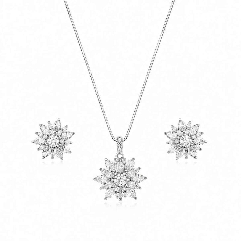 925 silver snowflake crystal pendant and earring set with three snowflake crystals