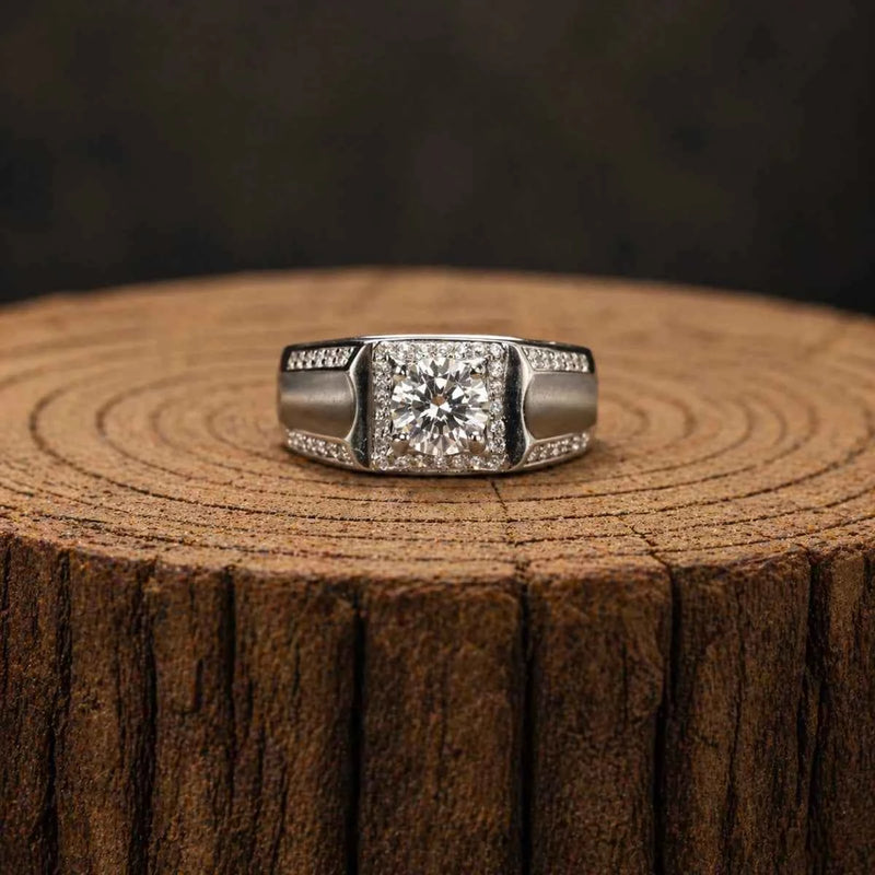 Sterling silver halo ring, round center gemstone with pavé side bands and prong setting