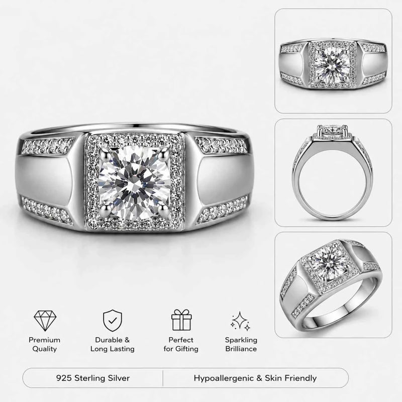 Sterling silver halo ring with square setting and round center gemstone, pavé details