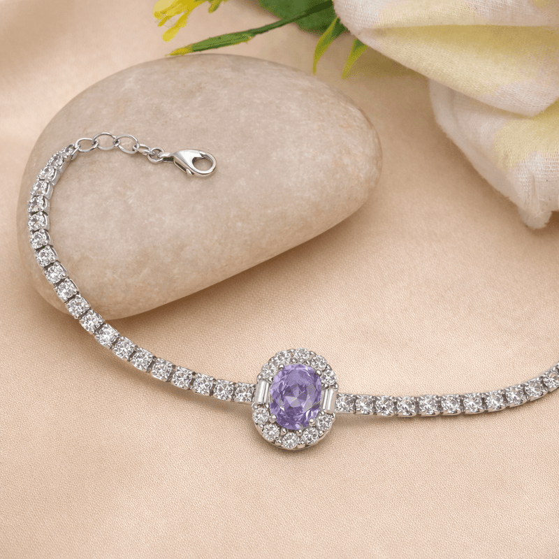 925 silver tennis bracelet with oval lavender halo gemstone and pavé links