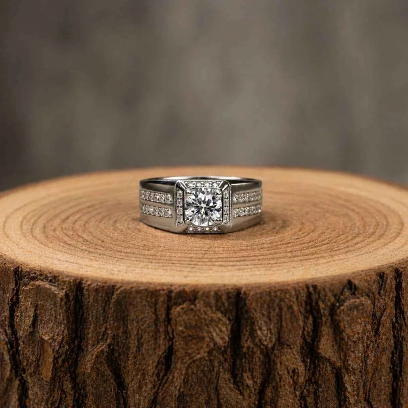 Matte silver halo ring with round center stone and square pavé side bands