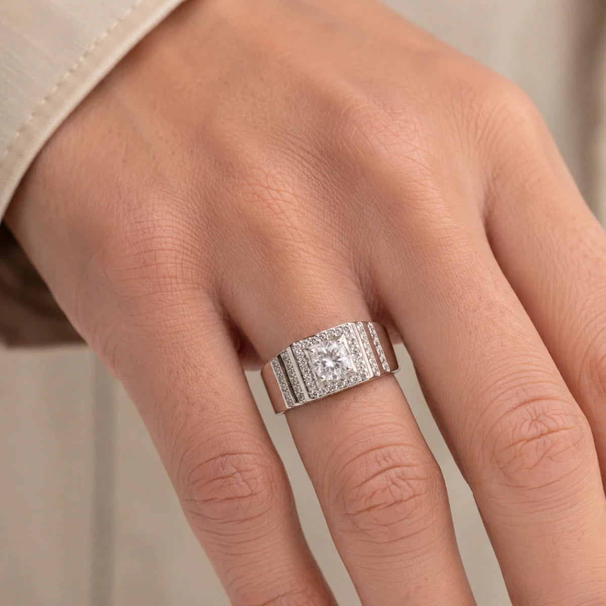 Men’s 925 Sterling Silver Square Halo Statement Ring - Silvorn India