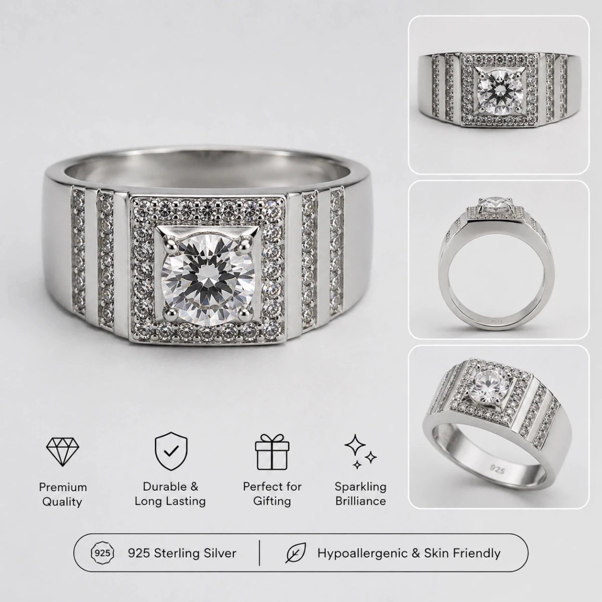 Men’s 925 Sterling Silver Square Halo Statement Ring - Silvorn India