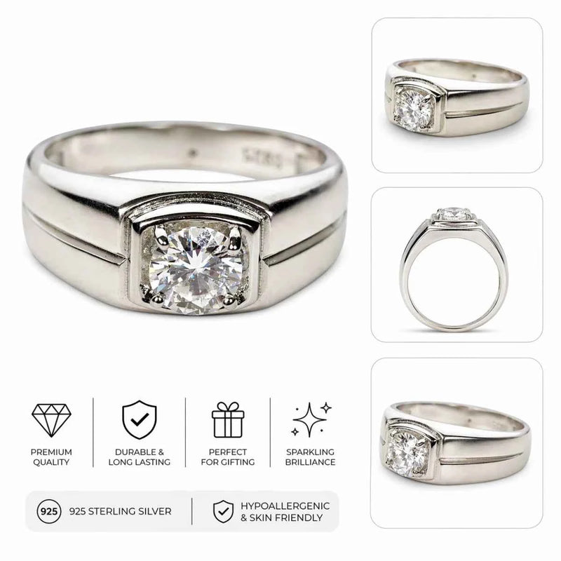 Men’s silver solitaire ring with round-cut stone in a raised bezel