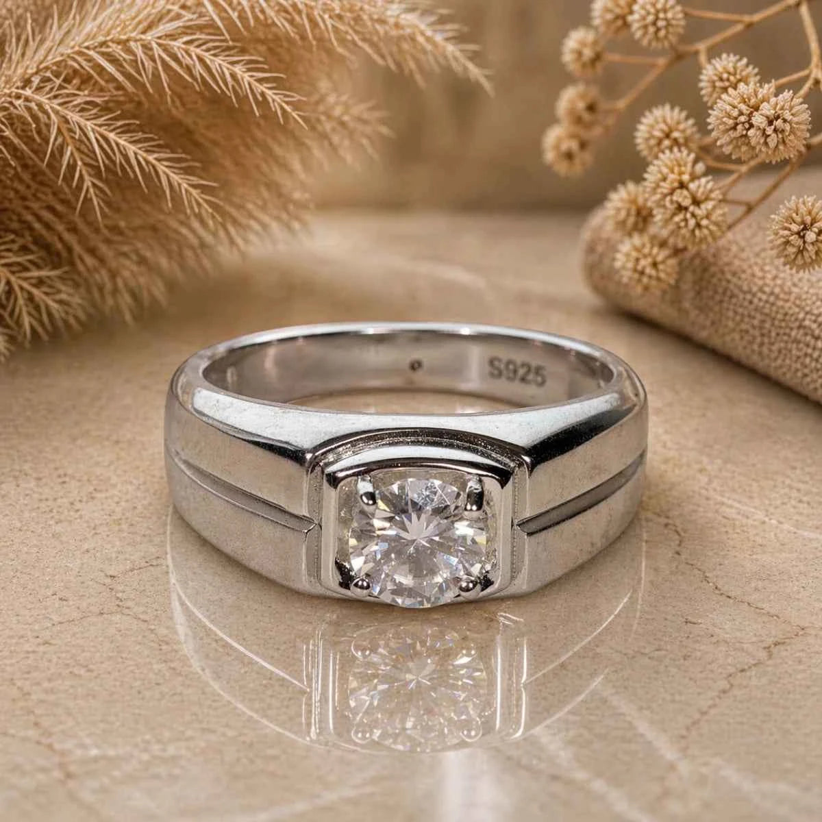 Men’s Classic Solitaire Silver Ring with Round - Cut Stone - Silvorn India