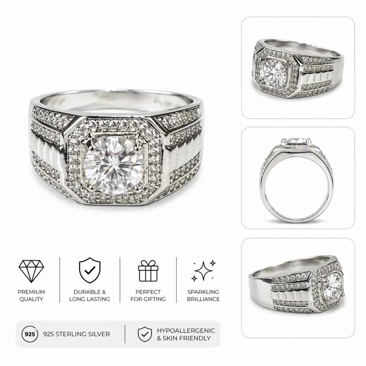 Men’s Luxury Halo Diamond - Style Ring with Pave Accents - Silvorn India