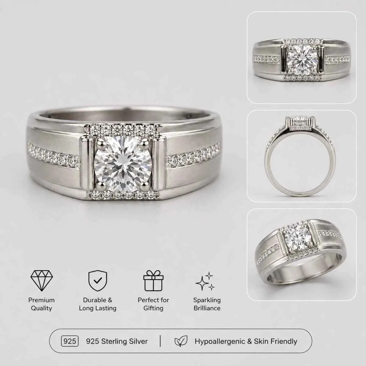 Men’s Premium Silver Square Bezel Ring – Round Cut Stone - Silvorn India