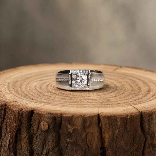 Men’s Premium Silver Square Bezel Ring – Round Cut Stone - 925 Silver Jewelery
