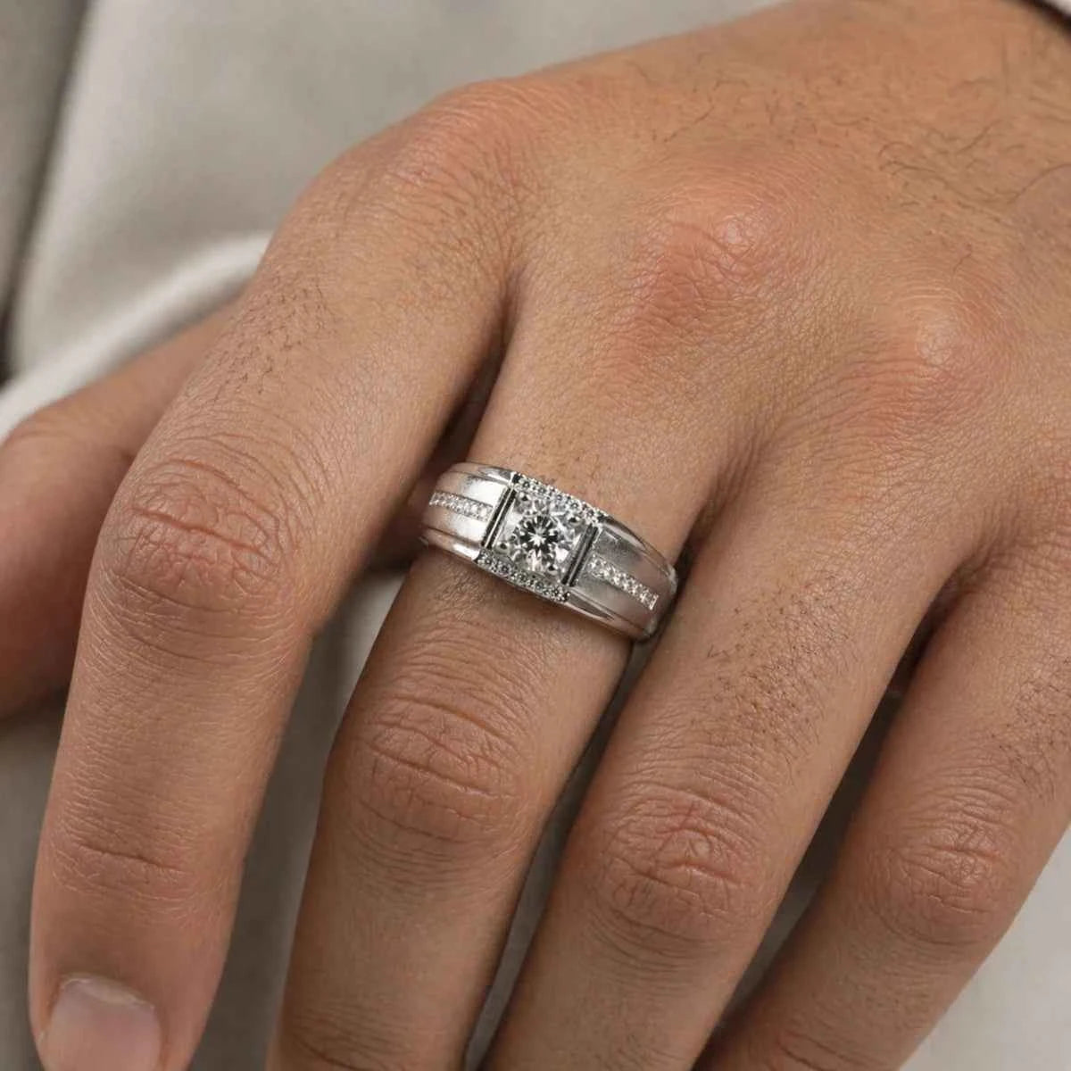 Men’s Premium Silver Square Bezel Ring – Round Cut Stone - Silvorn India