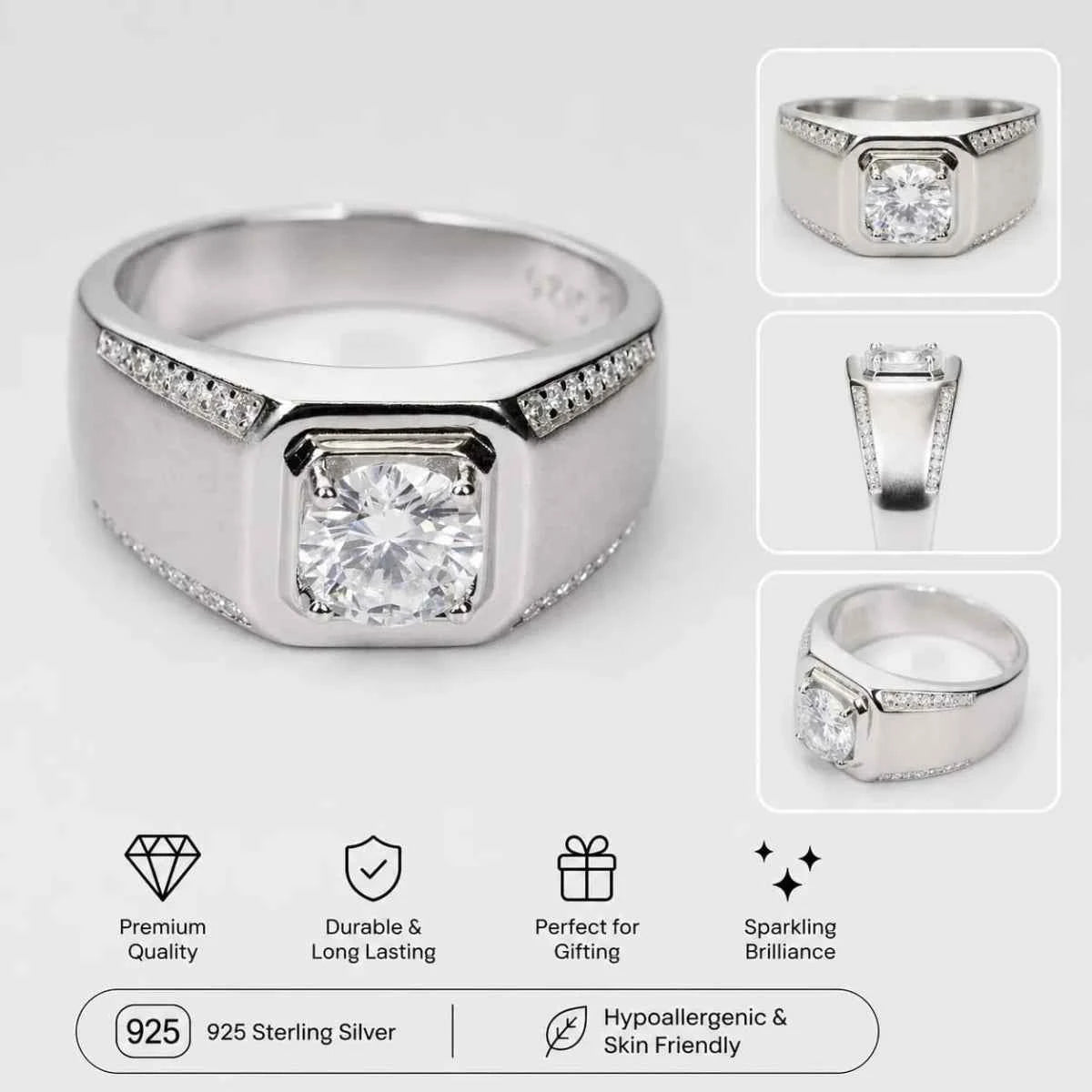Men’s Royal Sterling Silver Geometric CZ Crown Ring with Wide Band - 925 Silver Jewelery