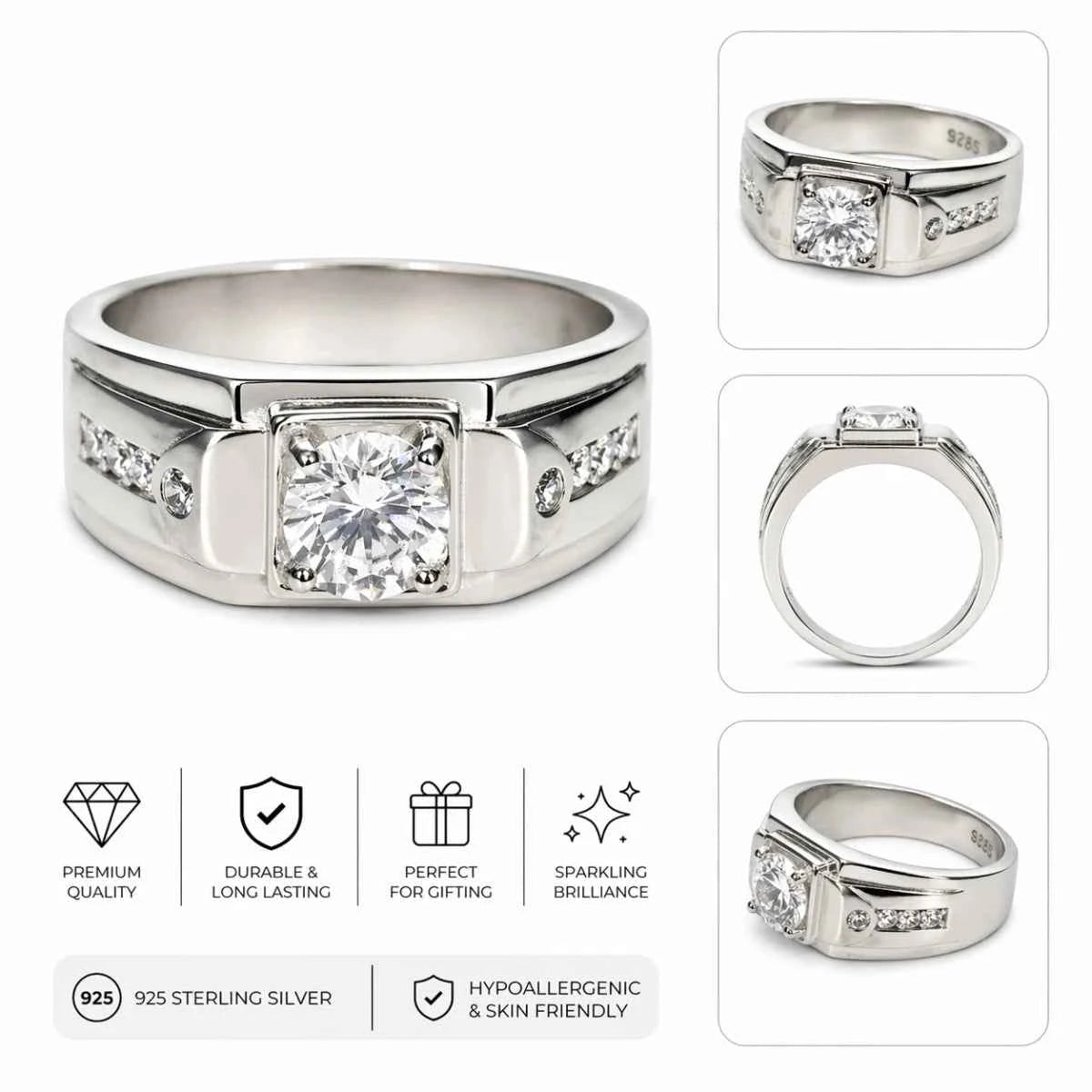 Men’s Sterling Square Solitaire Ring with Pave Accents - Silvorn India