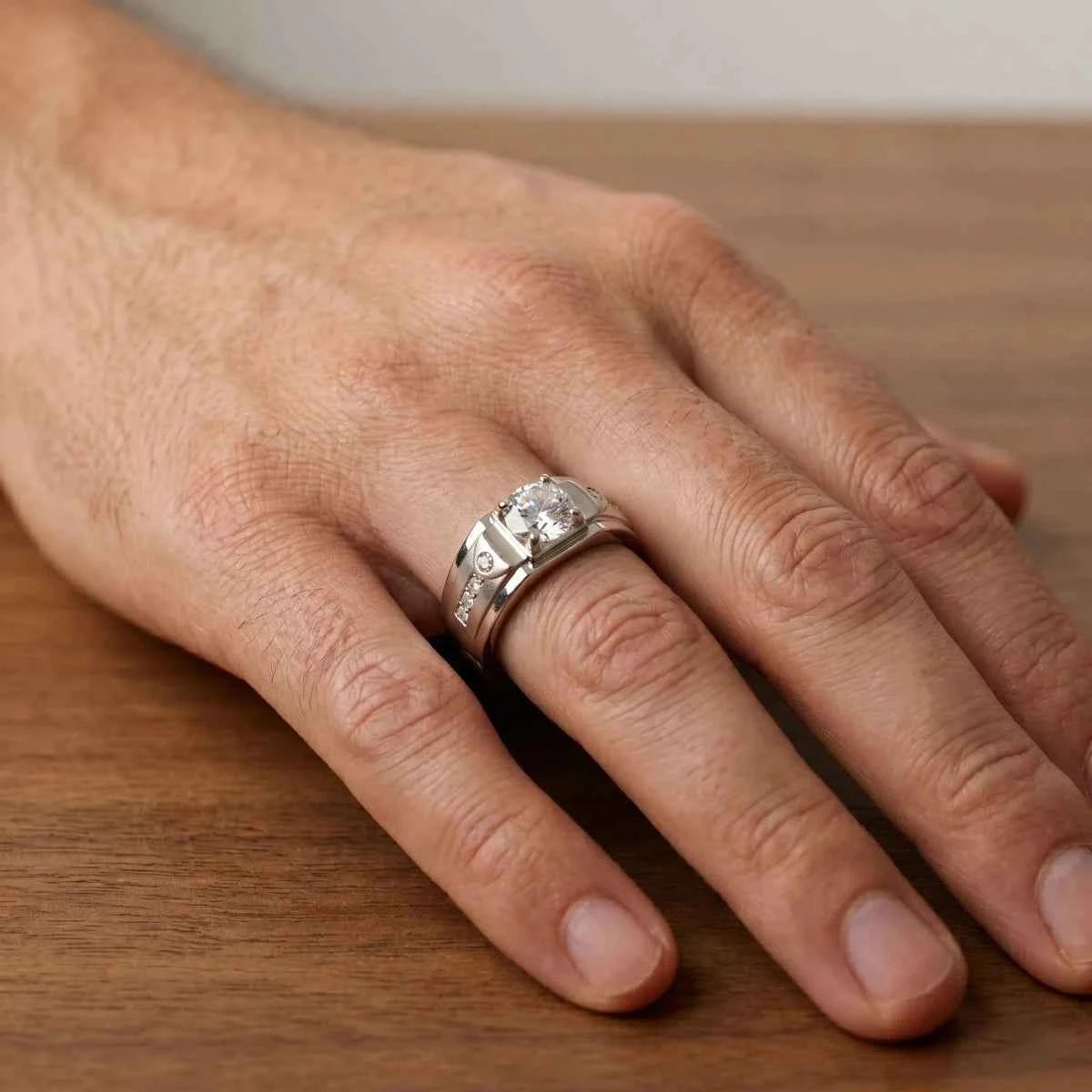 Men’s Sterling Square Solitaire Ring with Pave Accents - Silvorn India