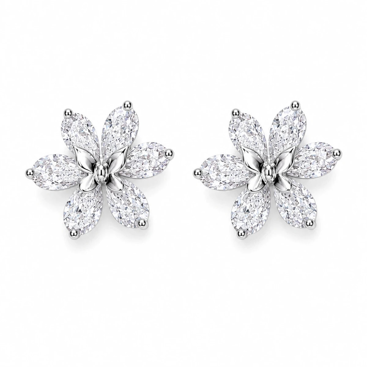 Mini butterfly flower stud earrings, 925 silver with clear pavé stones