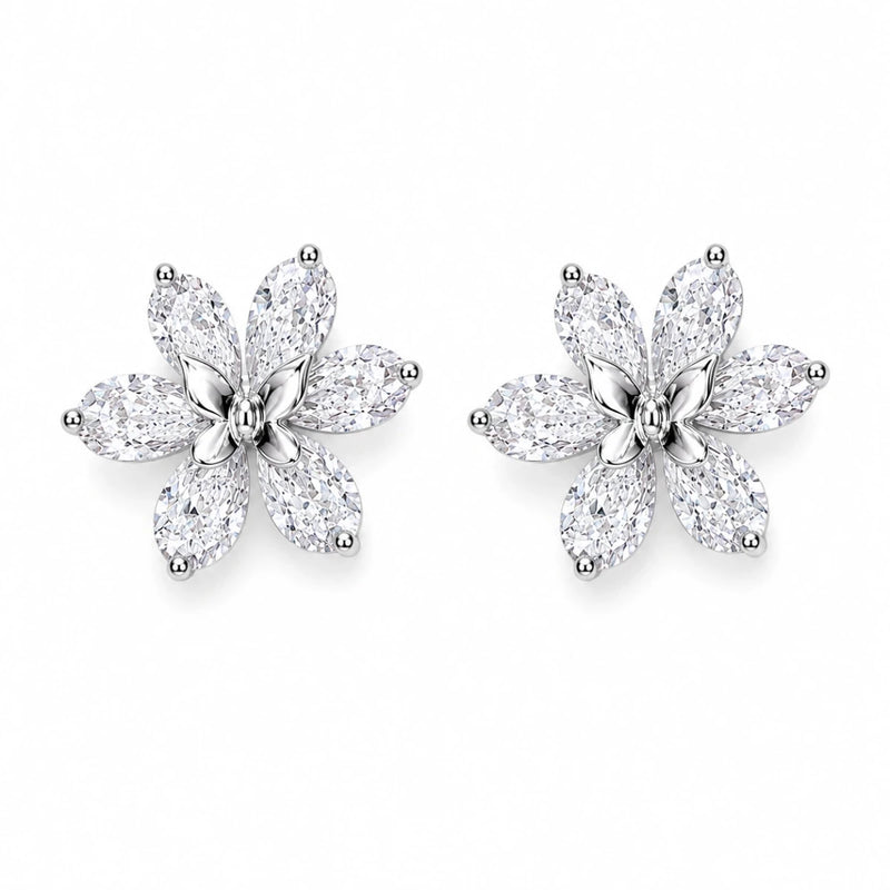 Mini butterfly flower stud earrings, 925 silver with clear pavé stones