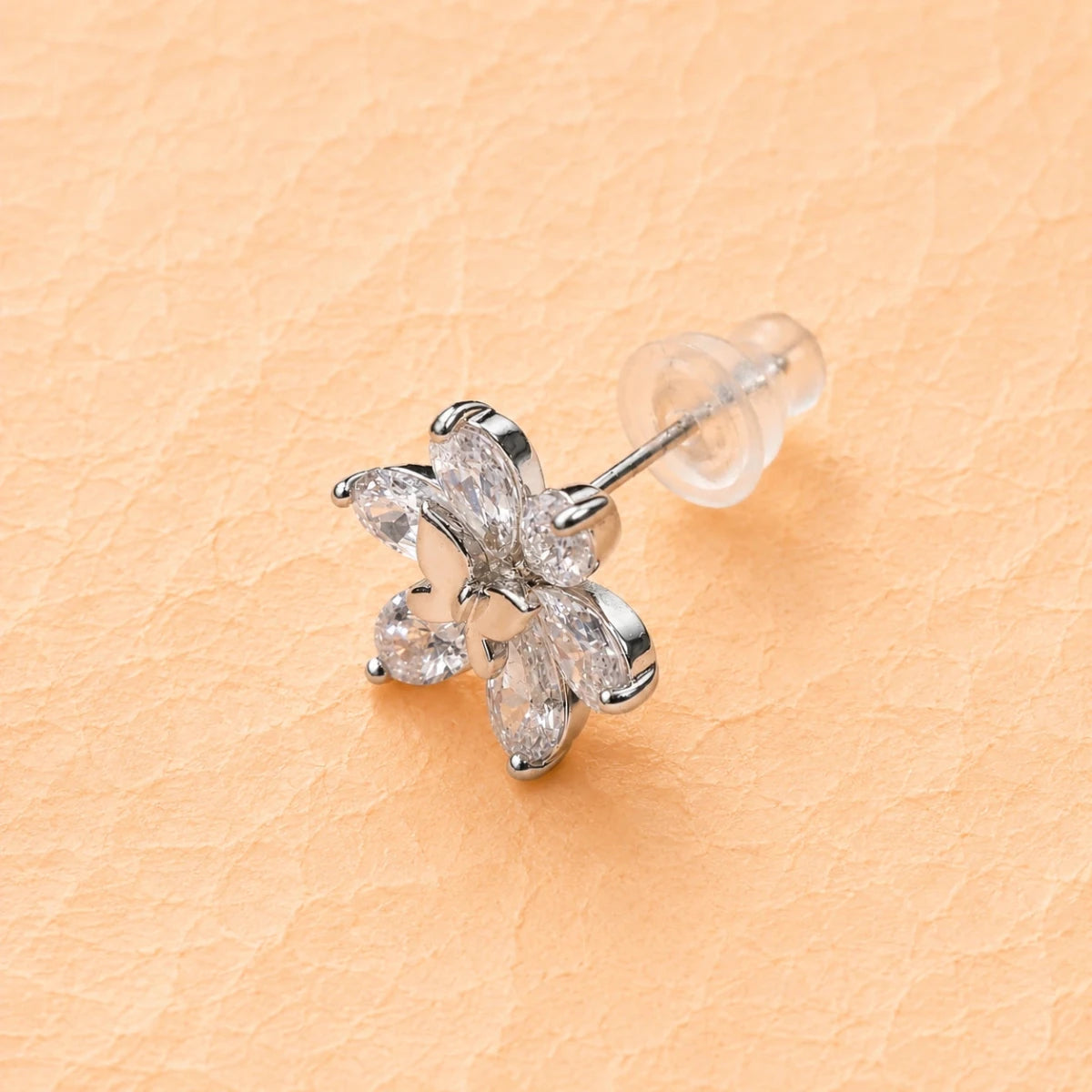 Mini butterfly flower stud earring, 925 silver, clear stones with back post