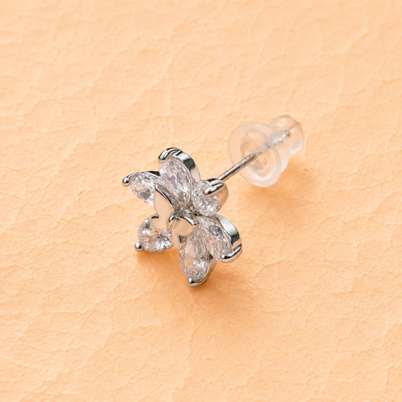 Mini butterfly flower stud earring, 925 silver, clear stones with back post
