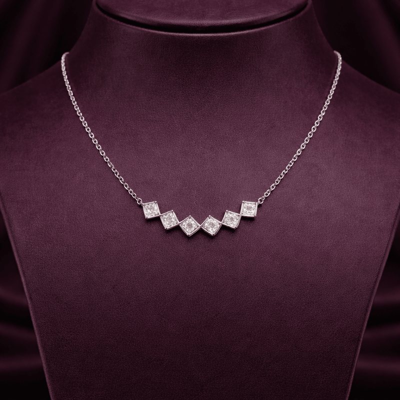 925 silver geometric bar necklace with five square settings on a chain