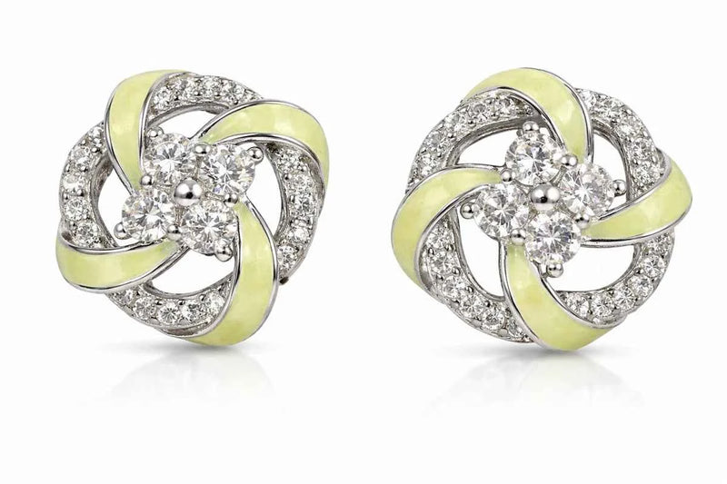 Silver-tone swirl pinwheel stud earrings with mint enamel and round clear center stones