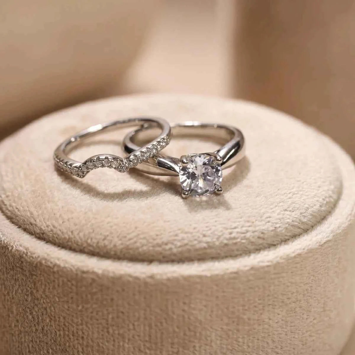 Modern Bridal Ring Set with Solitaire Stone & Pave Curve Band - Silvorn India