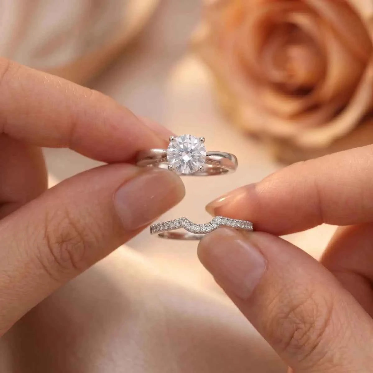 Modern Bridal Ring Set with Solitaire Stone & Pave Curve Band - Silvorn India