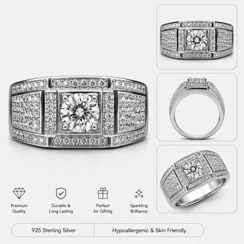 Sterling silver ring, square-cut center with surrounding rectangular pavé stones