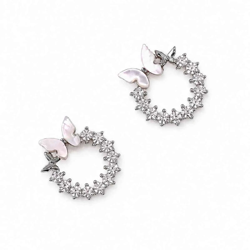 Silver-tone butterfly stud earrings with pavé halo hoop design, 925 finish