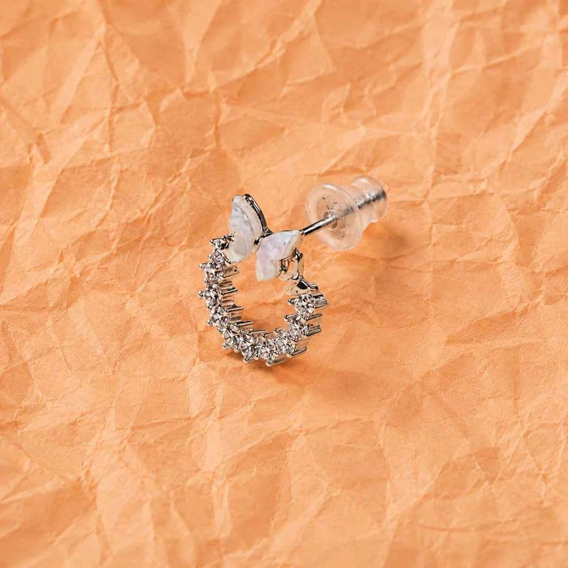 Silver-tone butterfly stud earring with pavé ring and butterfly accents, 925 finish