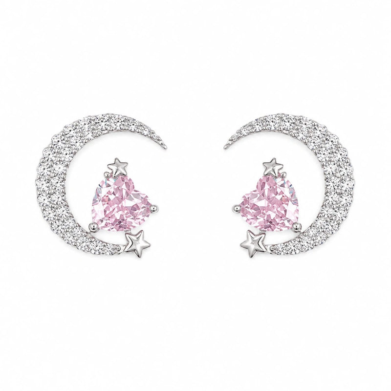 Moon and heart crystal stud earrings in 925 silver with star accents, pink stones