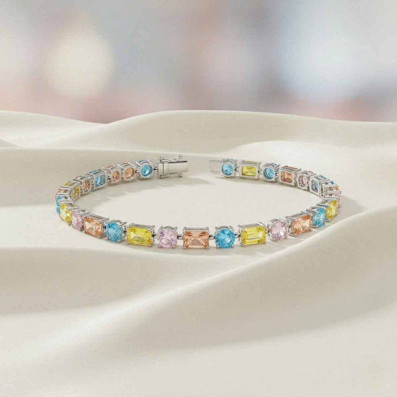 925 silver tennis bracelet with pastel halo links, blue yellow pink stones