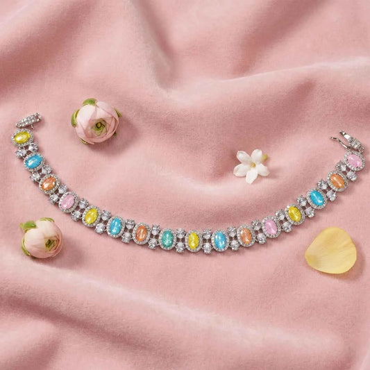 Pastel Harmony Oval Halo Statement Bracelet - 925 Silver Jewelery