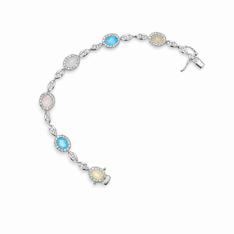 925 silver bracelet with oval halo stones and blue bezel accents