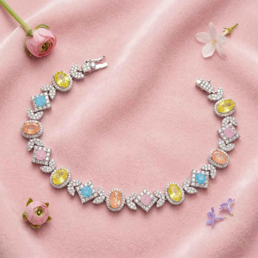 Pastel Mosaic Halo Statement Bracelet - 925 Silver Jewelery