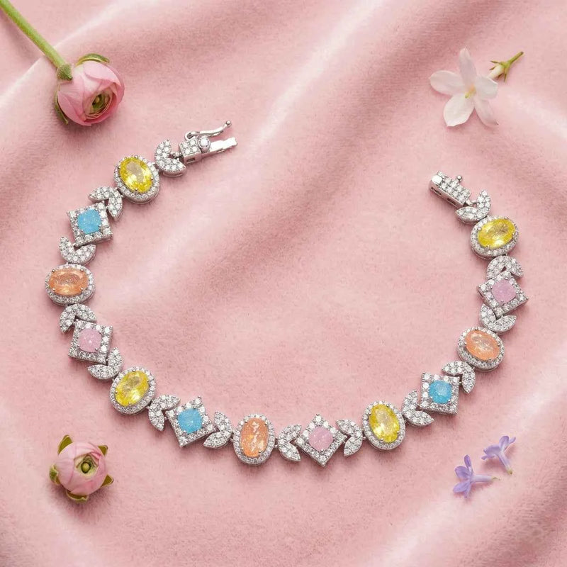 925 silver statement bracelet with pastel mosaic multicolor gemstone halo links