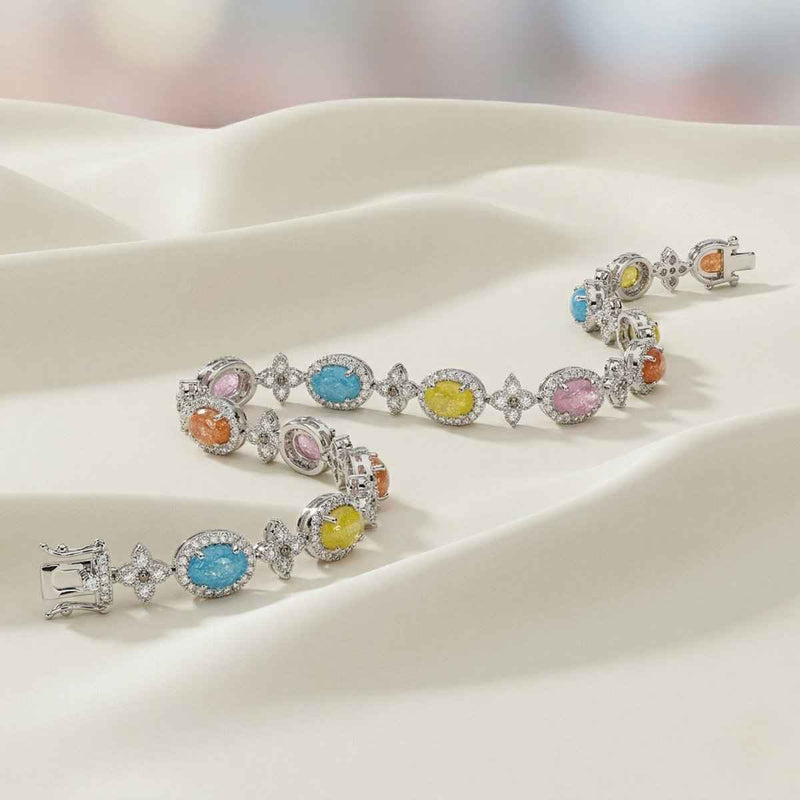 925 silver oval halo floral link bracelet with pastel blue, pink, yellow, orange stones