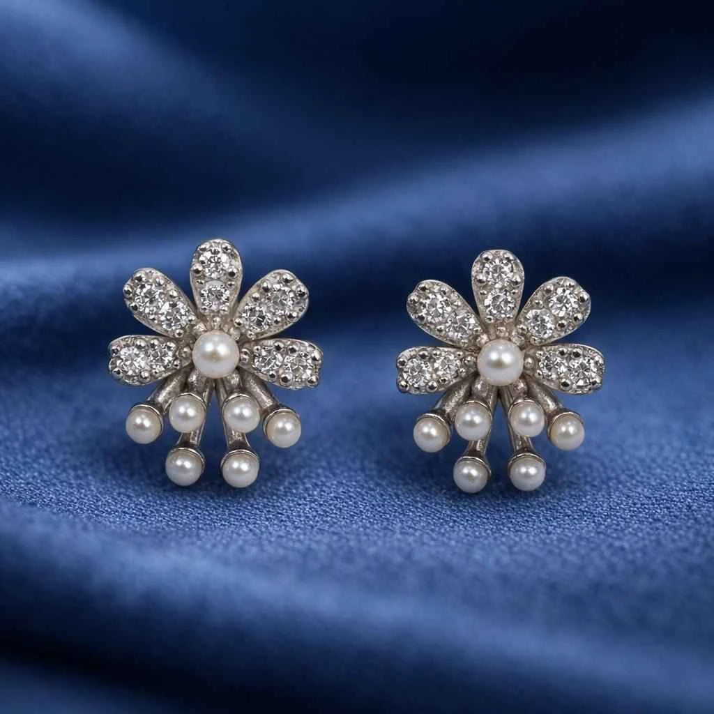 Pave Diamond-Style Flower & Pearl Spray Stud Earrings – Floral Clusters with Pearl Dangles