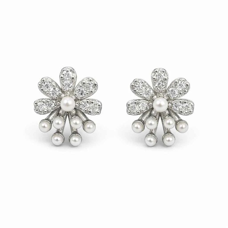 Pair of diamond-style floral stud earrings with central pearl and dangling pearls