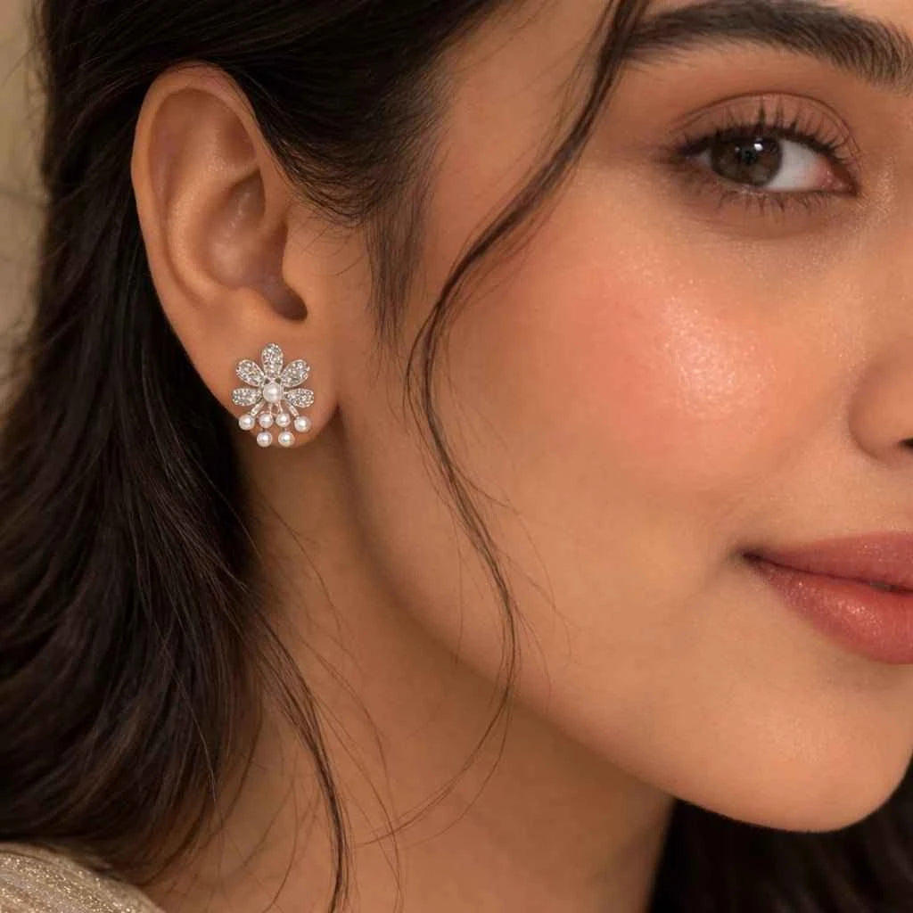 Pave Diamond-Style Flower & Pearl Spray Stud Earrings – Floral Clusters with Pearl Dangles