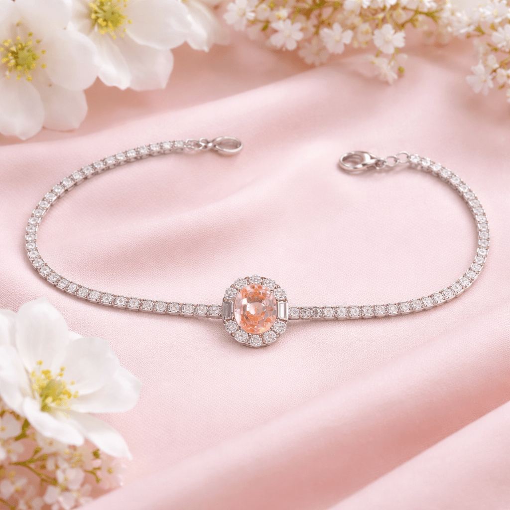 Peach Blush Oval Halo Tennis Bracelet - Silvorn India