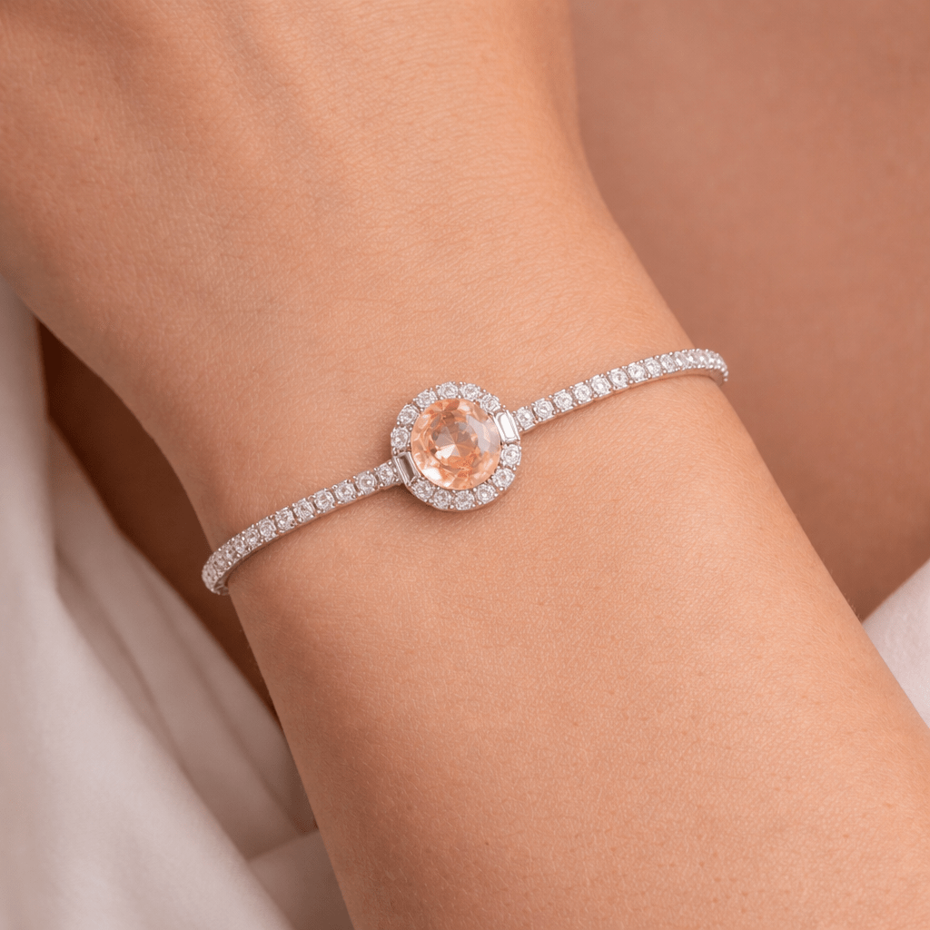 Peach Blush Oval Halo Tennis Bracelet - Silvorn India