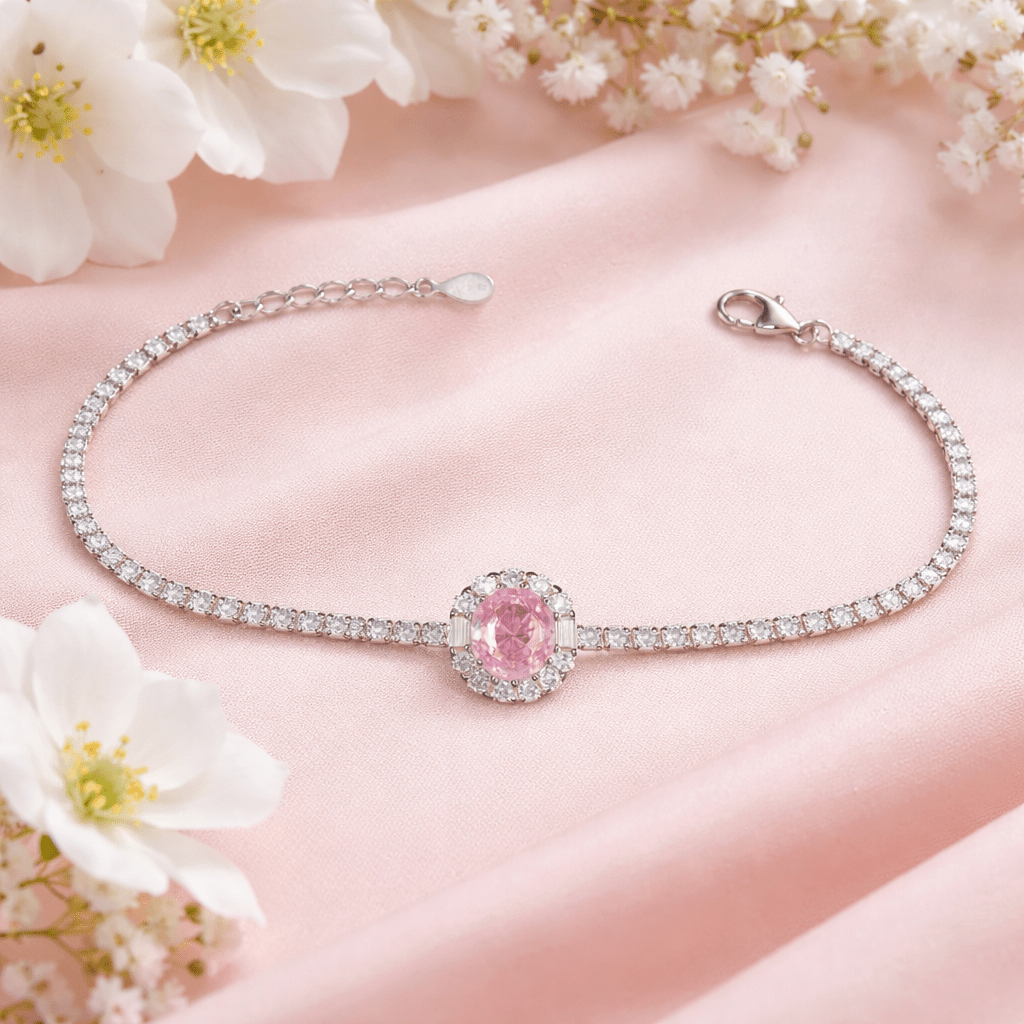 Peach Blush Oval Halo Tennis Bracelet - Silvorn India