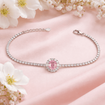 Peach Blush Oval Halo Tennis Bracelet - Silvorn India