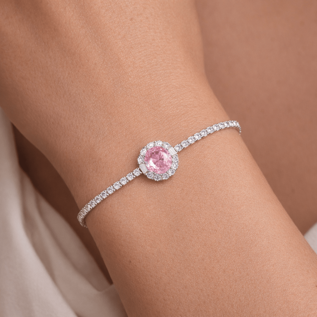 Peach Blush Oval Halo Tennis Bracelet - Silvorn India