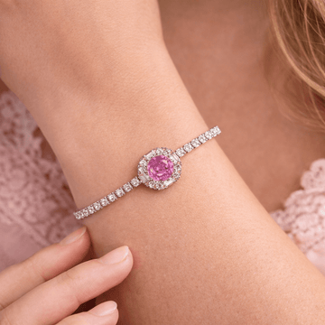 Peach Radiance Rectangular Halo Tennis Bracelet - Silvorn India