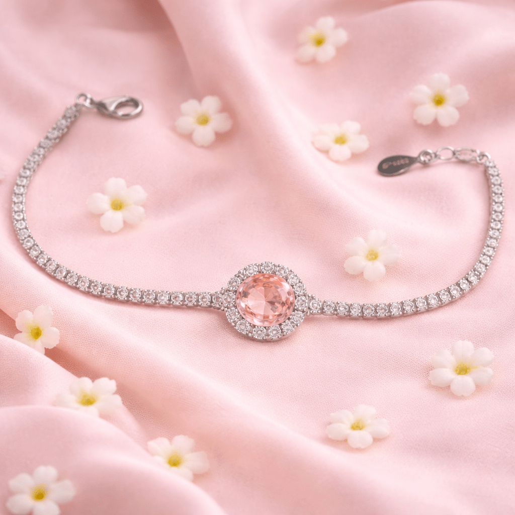 Peachy Rose Oval Halo Tennis Bracelet - Silvorn India