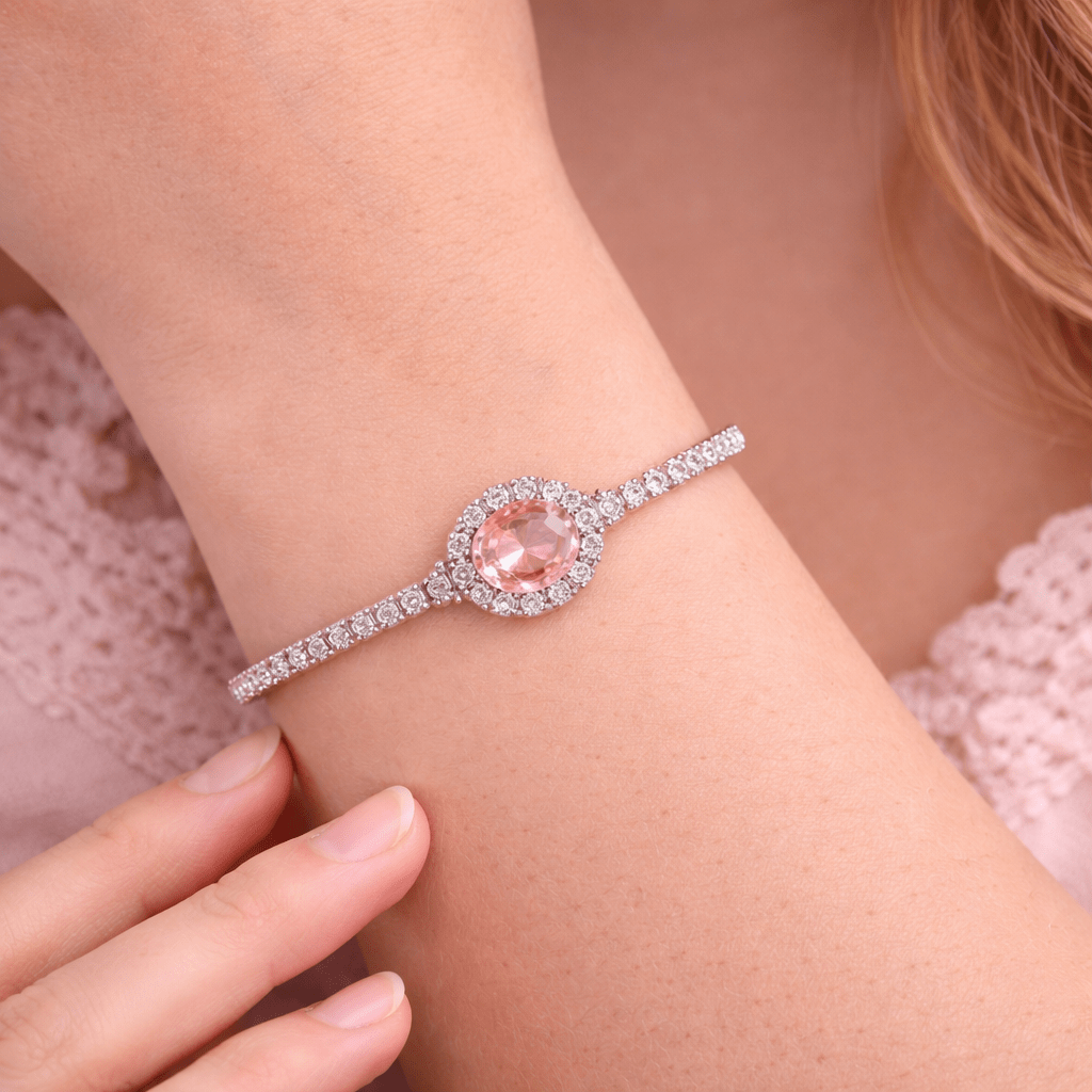 Peachy Rose Oval Halo Tennis Bracelet - Silvorn India