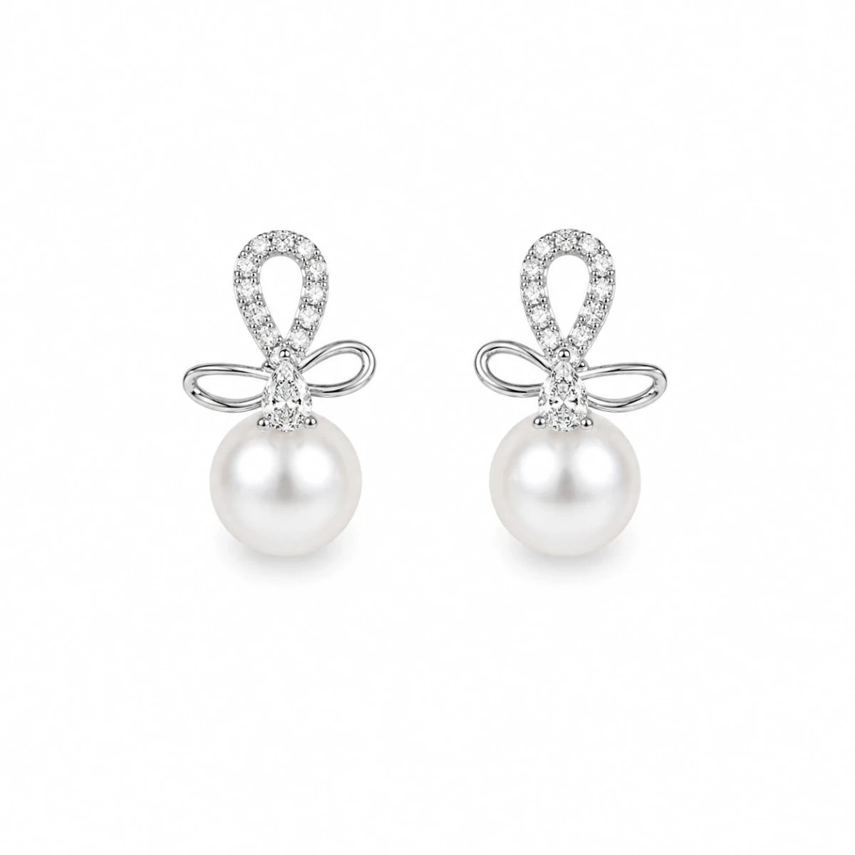 Pearl Bow Zirconia Drop Studs - Silvorn India