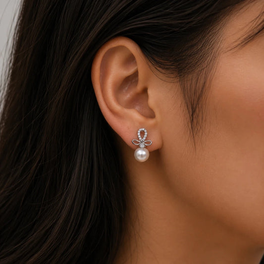 Pearl Bow Zirconia Drop Studs - 925 Silver Jewelery
