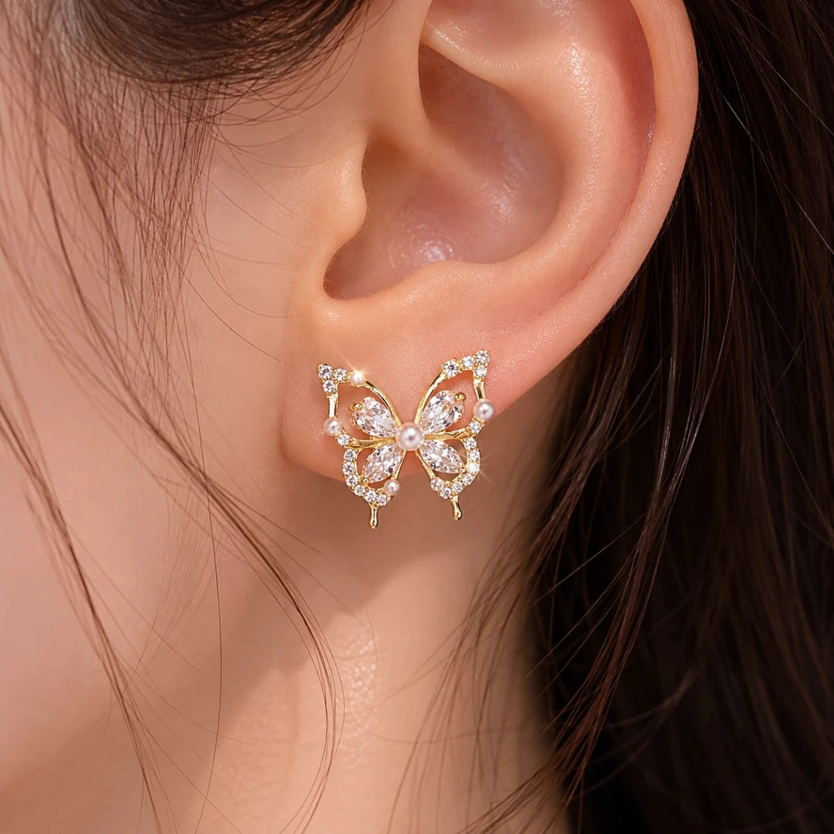 Pearl Butterfly Crystal Studs | 925 Sterling Silver - Silvorn India