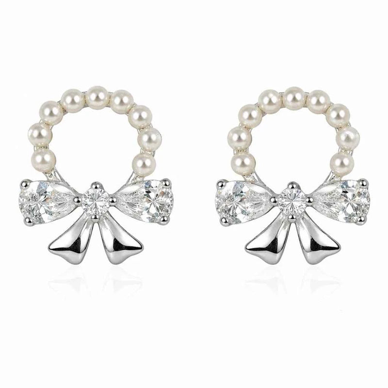 Pearl wreath ribbon bow stud earrings with pearl hoop, crystal bow and bell accents
