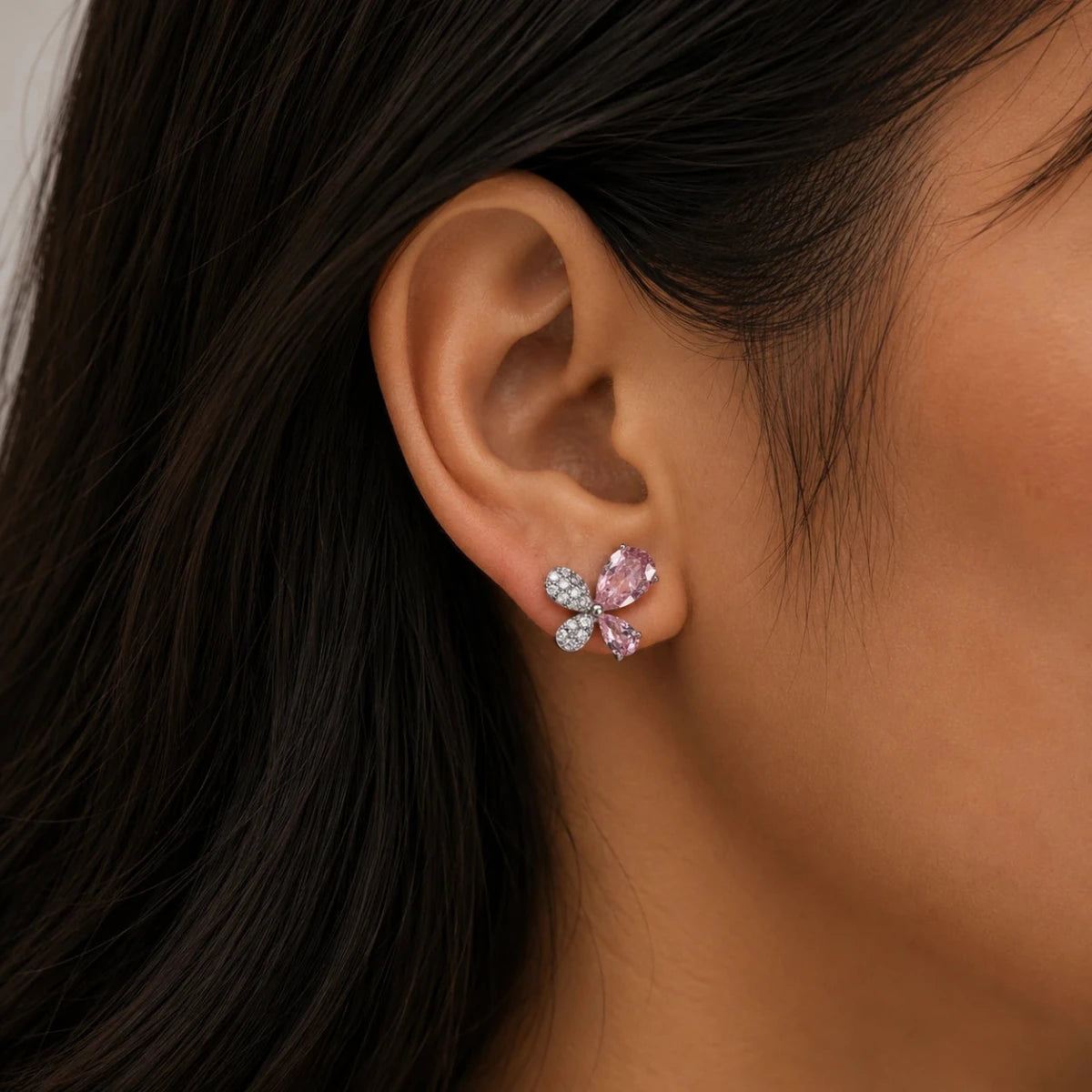 Pink Butterfly Crystal Studs - Silvorn India
